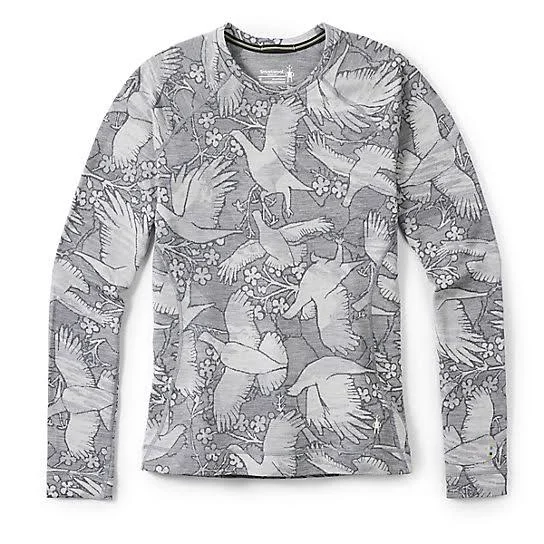 Smartwool Women's Merino 250 Base Layer Pattern Crew Top in Light Gray Floral Flights Size Large