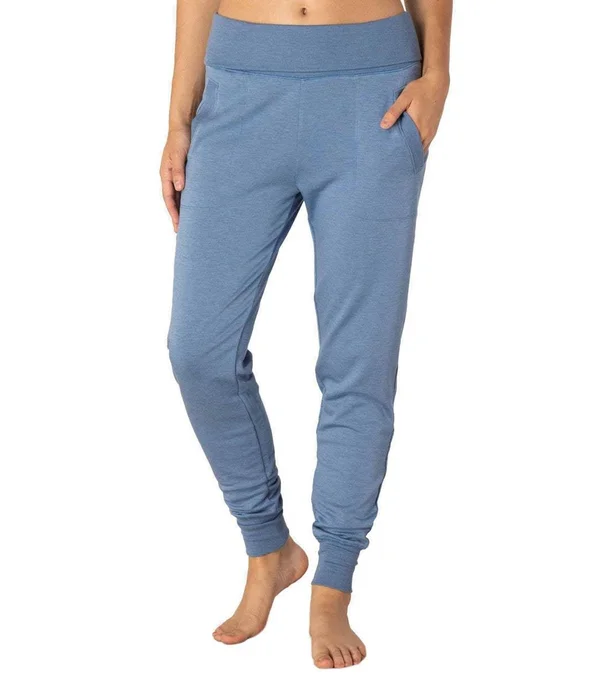 Beyond Yoga Women's Cozy Fleece Foldover Long Sweatpant Jogger Pants - Serene Blue Heather Medium - Spandex