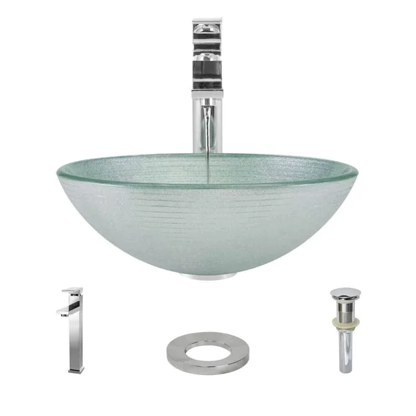 Rene R5-5034-R9-7003-C Foil Undertone Glass Vessel Sink with Chrome Vessel Faucet - Sink Ring, and Vessel Pop-Up Drain