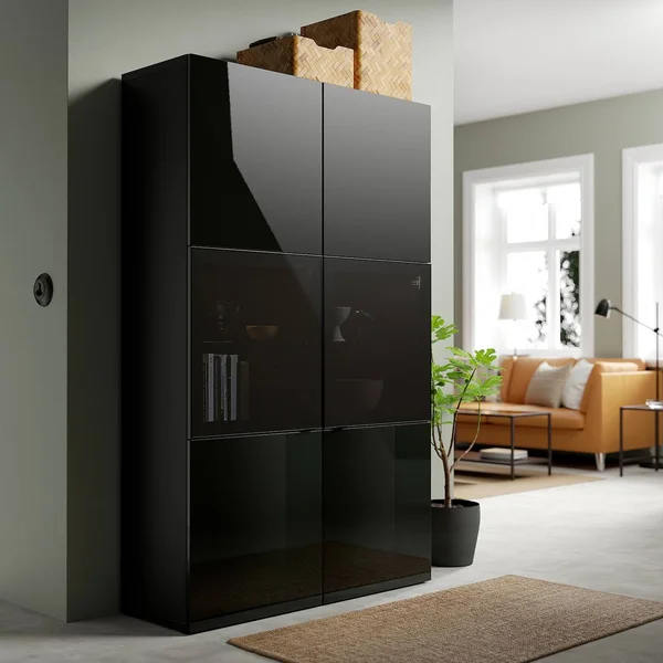 IKEA - BESTÅ Storage Combination w/Glass Doors, Black-brown/Selsviken High Gloss/Black Smoked Glass, 47 1/4x16 1/2x76