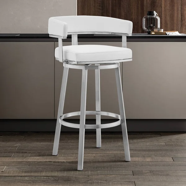 Armen Living Cohen 30x22 White Faux Leather and Brushed Stainless Steel Swivel Bar Stool