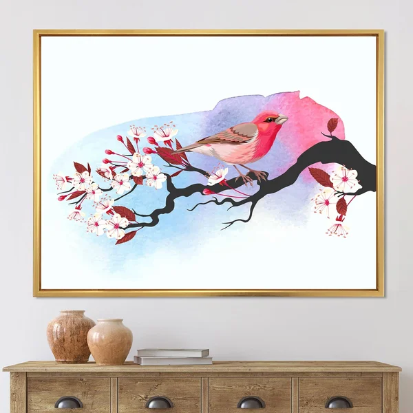 Designart 'Pink Bird on Cherry Branch' Traditional Framed Canvas Wall Art Print - 20 in. Wide x 12 in. High - White
