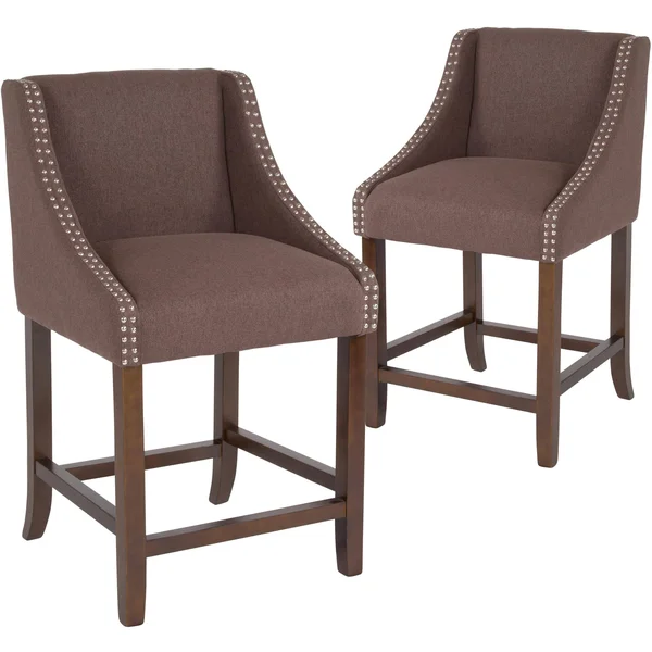 Flash Furniture 2 Pk. Carmel Series 24x22 High Transitional Walnut Counter Height Stool with Accent Nail TRIM, Light Gray Fabric