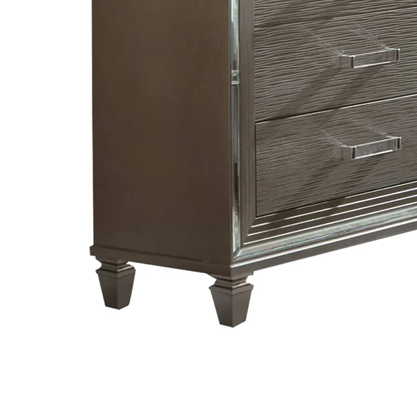 Textured Front 6 Drawer Dresser with Beveled Mirror TRIM, Silver