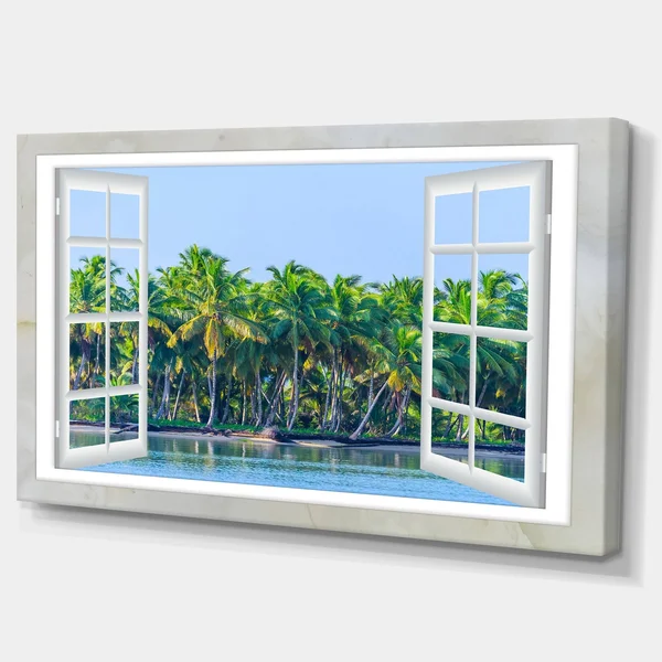 Design Art Open Window to Seashore Palms Graphic Art on Wrapped Canvas, Blue
