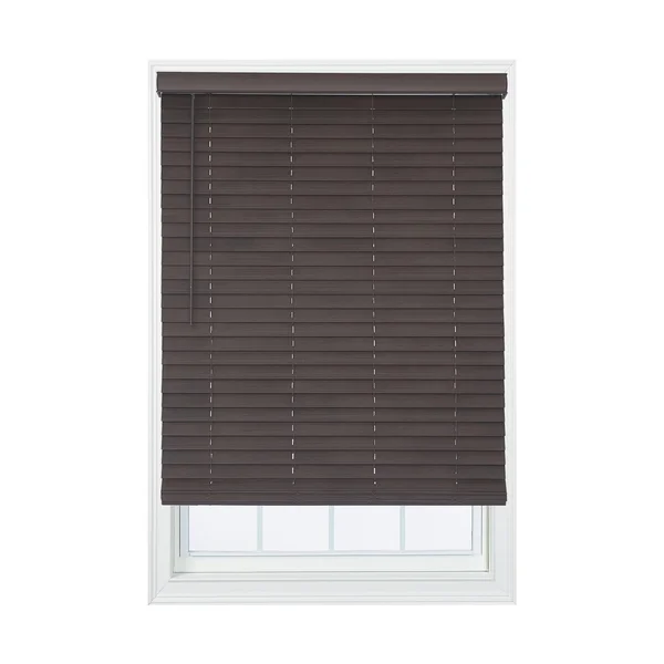 Allen + Roth 2-in Slat Width 56.75-in x 72-in Cordless Brown Faux Wood Room Darkening Faux Wood Blinds, DFWDC6072-56.75