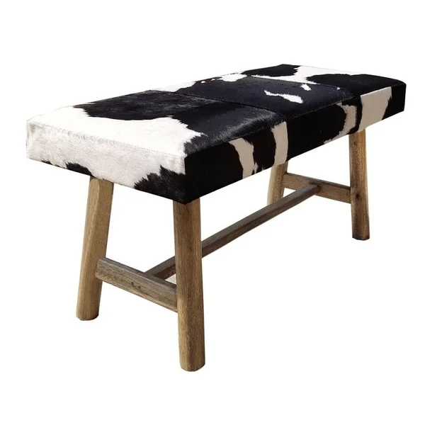 Pancho Black & White Cowhide Bench with Wooden Legs