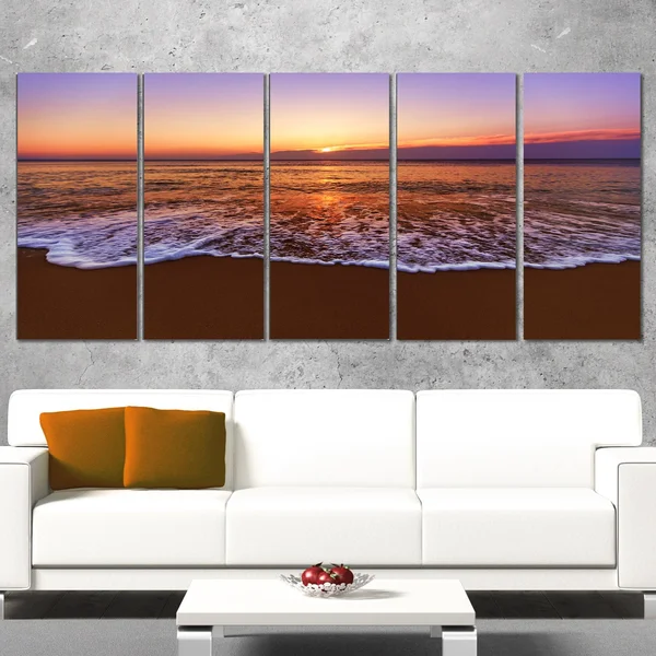 Design Art Orange Tinged Sea Waters at Sunset - Beach Canvas Wall Art - 60 in. Wide x 32 in. High - 5 Panels Diamond Shape