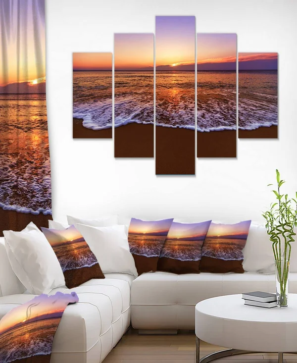 Design Art Orange Tinged Sea Waters at Sunset - Beach Canvas Wall Art - 60 in. Wide x 32 in. High - 5 Panels Diamond Shape