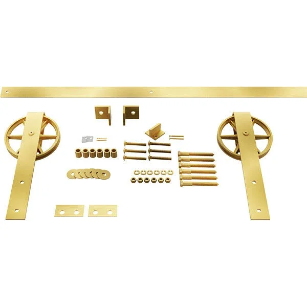 Premium Wagon Wheel Strap Barn Door Hardware Set w/ 5& 4x22 Track for 1 3/8x22 Doors, Jacob&s Gold