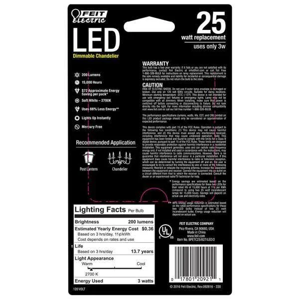 Feit Electric 25-Watt Equivalent (2700K) B10 Dimmable Filament LED Clear Glass Light Bulb, Soft White (12-Pack)