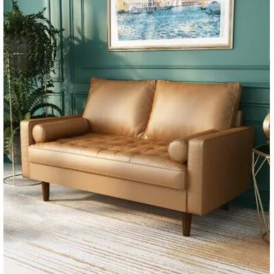 Selleck 57.87x22 Vegan Leather Square Arm Loveseat George Oliver Fabric: Brown Faux Leather