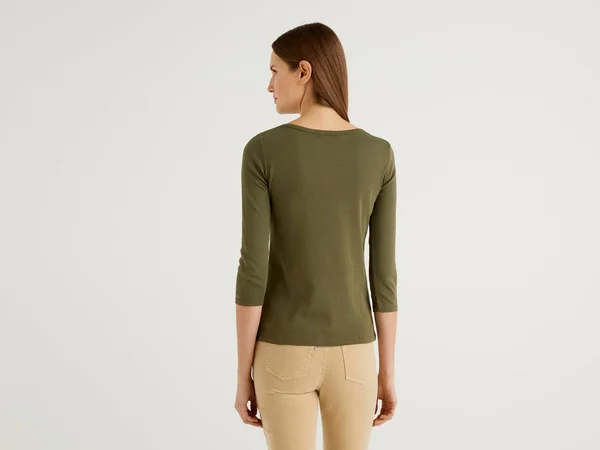 Benetton, T-Shirt with Boat Neck in 100% Cotton, Size XL, Military Green, Women