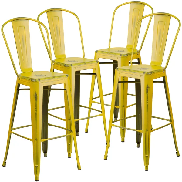 Flash Furniture 4 Pk. 30&& High Distressed Metal Indoor-Outdoor Barstool with BACK - Yellow