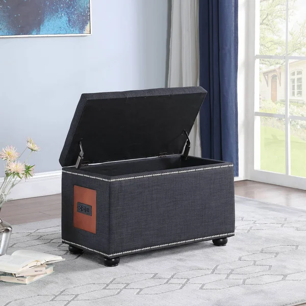 Ore International HB4854 19 in. Dark Gray Melo Tufted Nailhead Trim Storage Ottoman with Charging Station