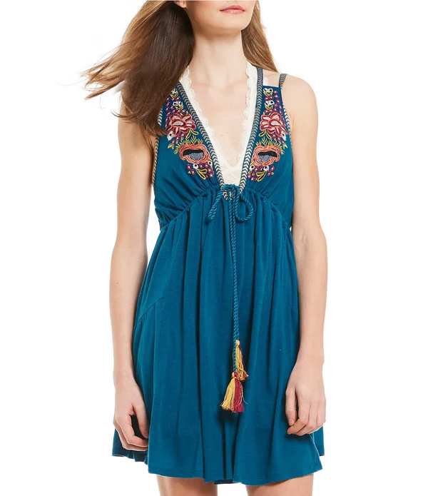 Free People Lovers Cove Embroidered Dress - Blue L