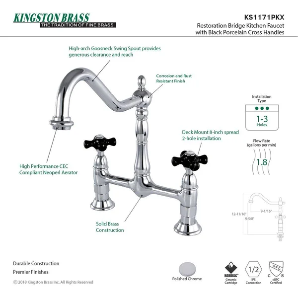 Kingston Brass KS1178PKX Duchess Bridge Kitchen Faucet, Brushed Nickel