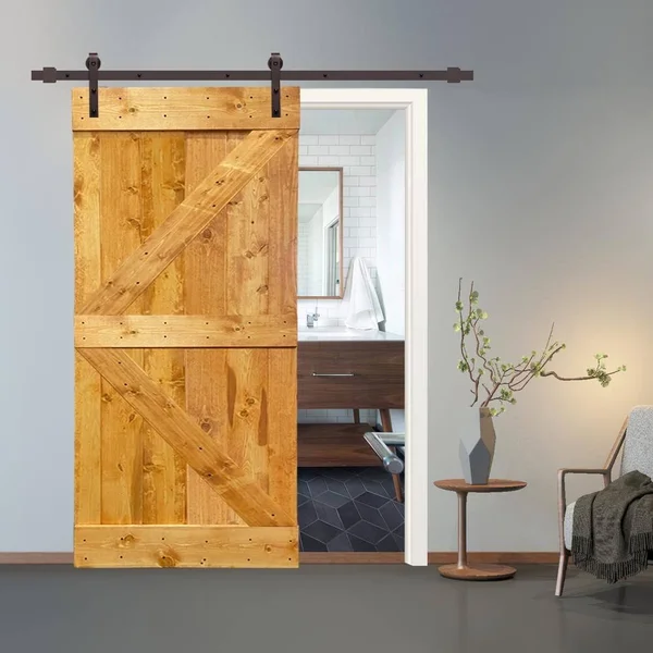 CALHOME K Series 30 in. x 84 in. Pre-Assembled Colonial Maple Stained Wood Interior Sliding Barn Door with Hardware Kit