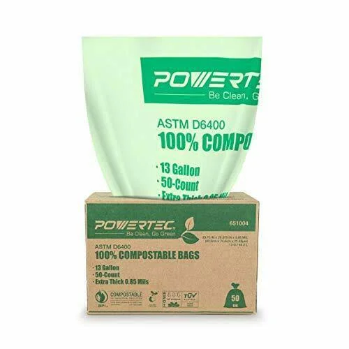 Powertec ASTM D6400 Certified Compostable Bags 200 Count, 49.2 LITER - 13 Gallon Trash Bags, 0.85 mil, US BPI and European Ok C