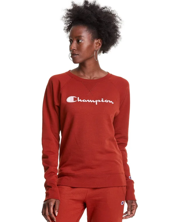 Champion Women's Athletics Powerblend Fleece Classic Crew, Script Logo Warm Cinnamon Brown Xs