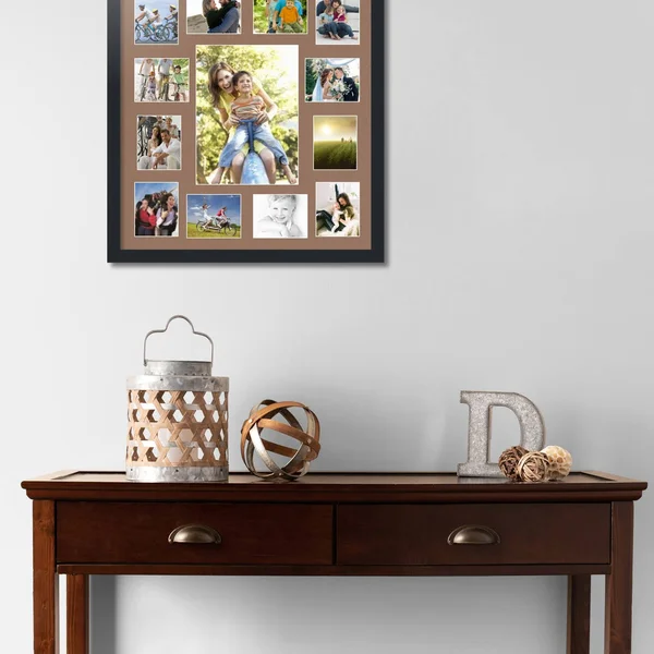 Collage Picture Frame - Satin Black Frame with 13 openings for 4x5 Photos with Brown Sandpiper Mat. D3926DJ384, ArtToFrames
