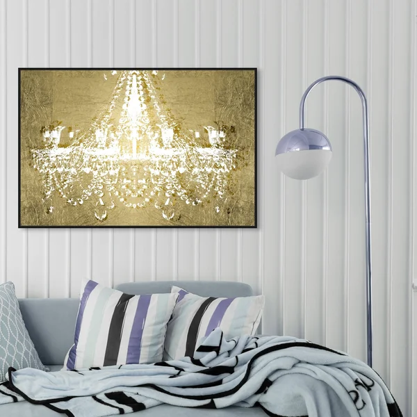 Oliver Gal Fashion and Glam Wall Art Framed Canvas Prints 'Dramatic Entrance Gold' Chandeliers - Gold - White - 45 x 30 - Black