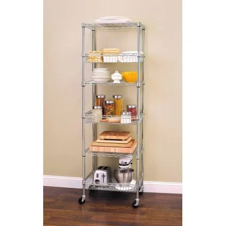 HSS 18x22Dx24x22Wx75x22H, 6 Tier Wire Shelving Tower Rack with Casters, Chrome.