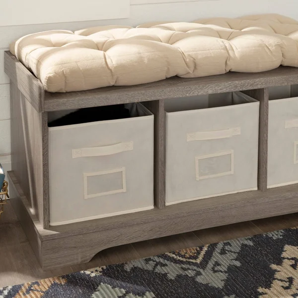 We Furniture 42-Inch Driftwood Storage Bench with Totes and Cushion