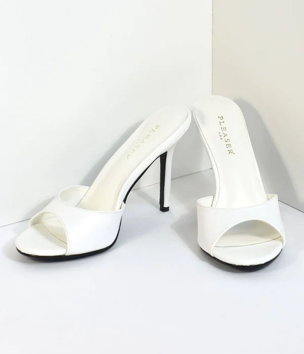 White Matte Leatherette Peep Toe Slip on Heels, Size 10