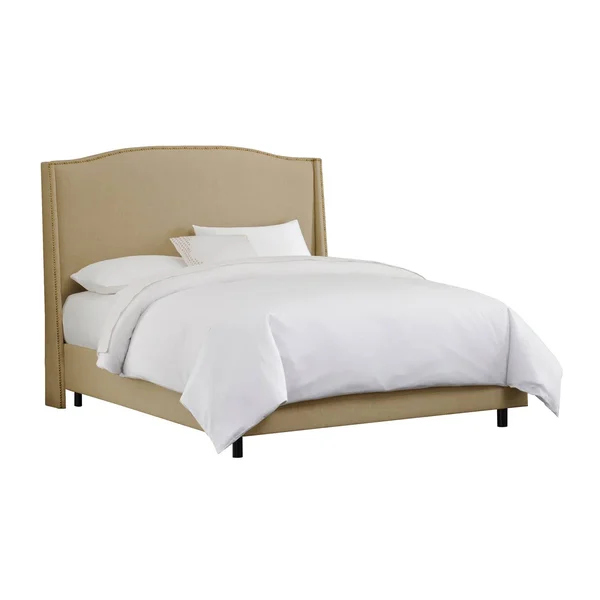 Skyline Furniture Nail Button Wingback Upholstered Bed - Full, Sandstone Linen, Brass