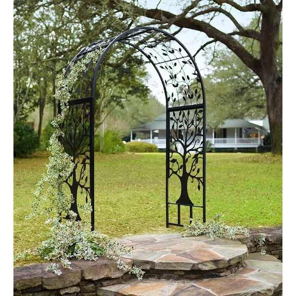 Metal Garden Arbor with Tree of Life Design - Green
