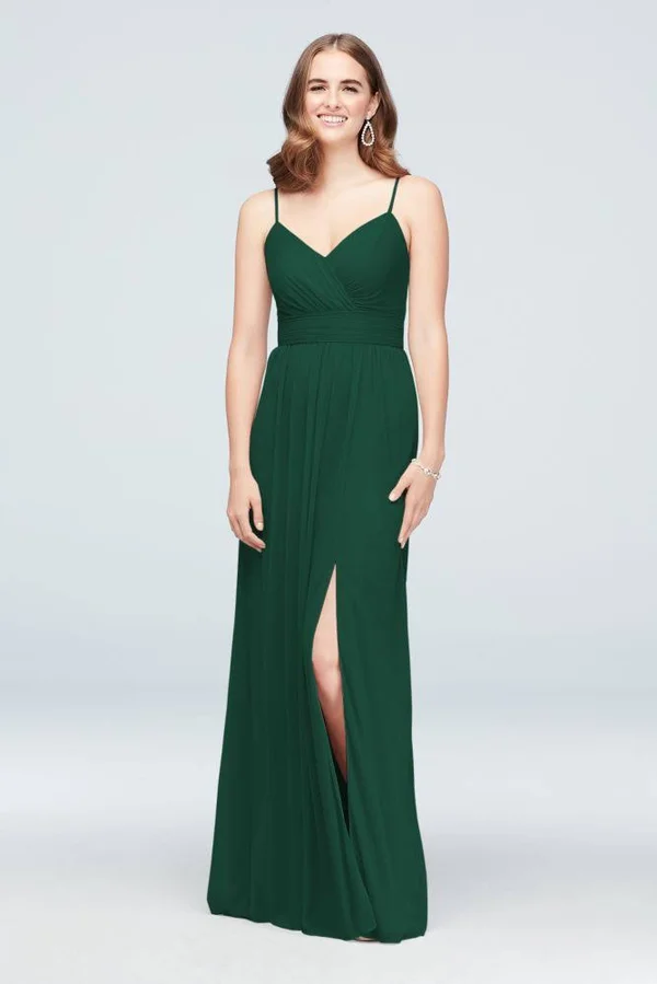 David&s Bridal Spaghetti Strap Ruched Waist Mesh Bridesmaid Dress - Juniper (Green), 12
