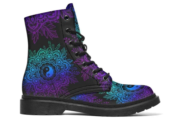 Yin Yang Mandala Boots, Vegan Black Boots, YesWeVibe Women's Boots, Black Sole, US 5, EU35.5