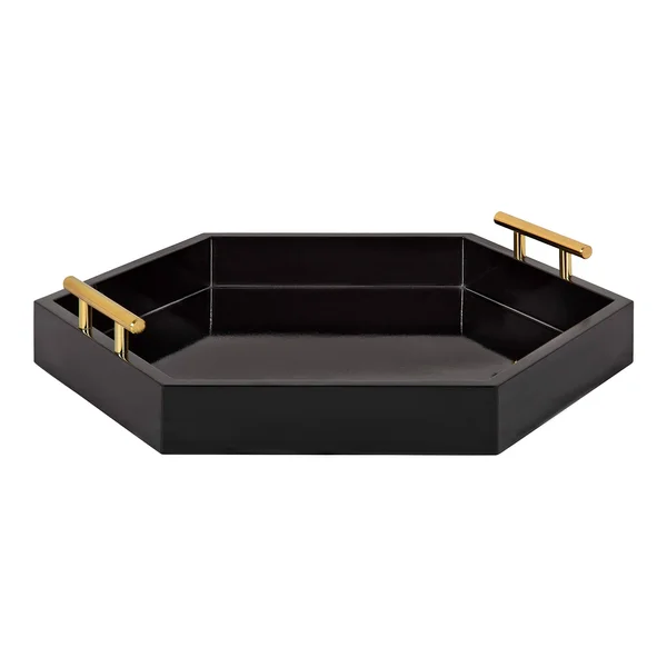 Kate and Laurel Lipton Hexagon Decorative Tray with Metal Handles, 18x18, Black