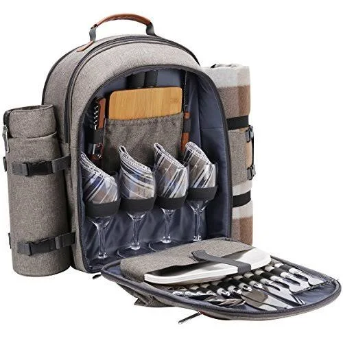 Sunflora Picnic Backpack for 4 Person Set Pack with Insulated Waterproof Pouch for Family Outdoor Camping (Brush Beige)