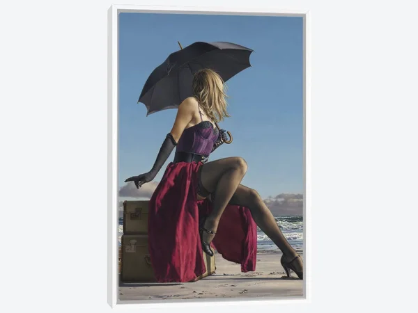 Framed Canvas Art (White Floating Frame) - on Crescent Beach by Paul Kelley ( Decorative Elements > Umbrellas art)