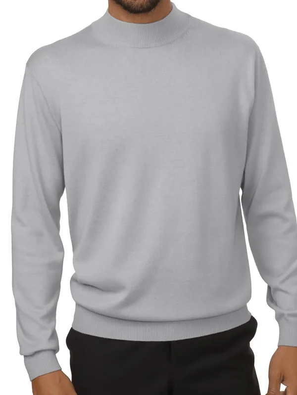 Men's Sweater - Classic Fit in Light Grey Long Sleeve Silk Cotton and Cashmere - Paul Fredrick