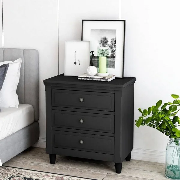 AOOLIVE 3-Drawer Nightstand Storage Wood Cabinet, Black Pine Wood - MDF