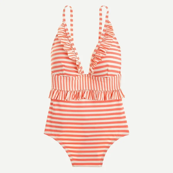 J.Crew Womens Ruffle Plunging One-Piece Swimsuit in Mixed Stripe (Size 14)