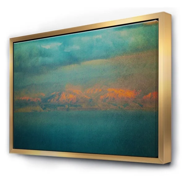 Designart &Glowing Mountains Over Sea Textured Vintage Image& Modern & Contemporary Framed Canvas Wall Art Print - 32 in. Wi