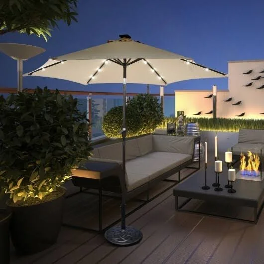 Goplus 9' Solar LED Lighted Patio Market Umbrella Tilt Adjustment Crank Lift Beige