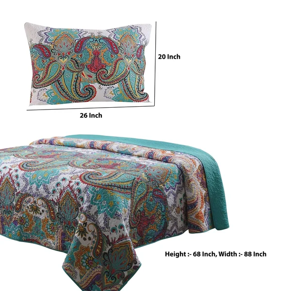 Benjara BM42333 Cotton Quilt Set with Paisley Print Teal Blue - Twin Size - 2 Piece