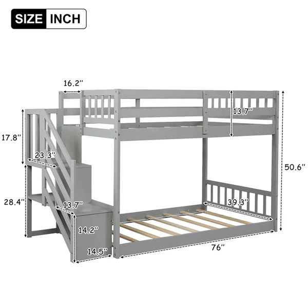 Twin Over Twin Floor Bunk Bed, Ladder with Storage - White