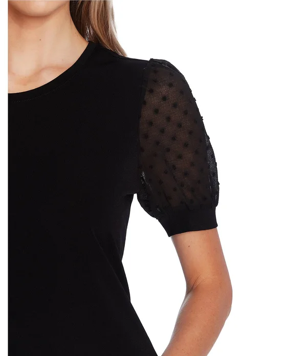 Women's Cece Puff Sleeve Mixed Media Top - Medium, Soft Ecru