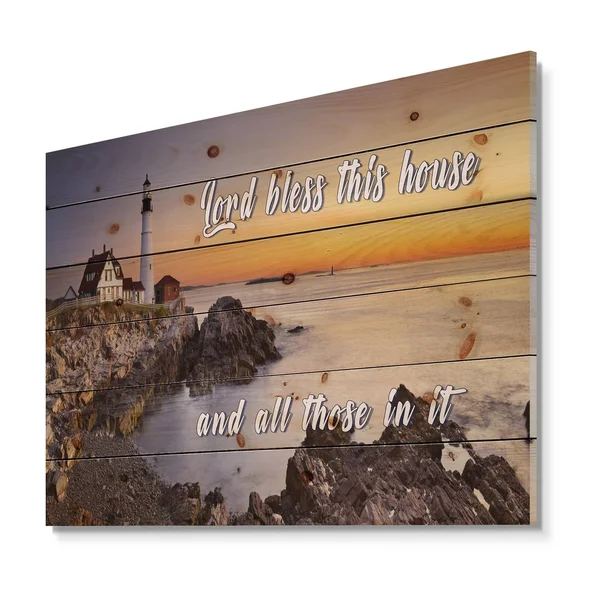 Designart 'Lord Bless This House and All Those in It. Sunset' Textual Entrance Art on Wood Wall Art - Multi-Color - 20 in. Wide