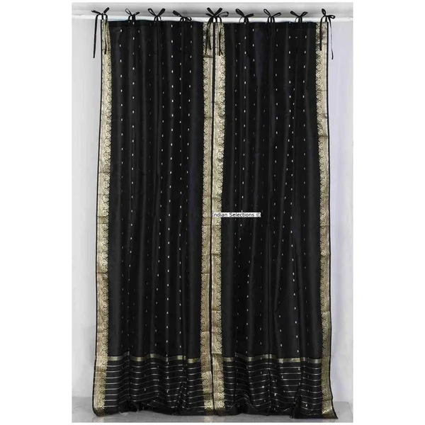Black Tie Top Sheer Sari Curtain, Drape, Panel - Pair