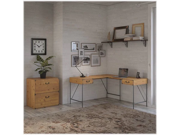 Kathy Ireland Home by Bush Furniture Ironworks 60W L Shaped Writing Desk with 2 Drawer Lateral File Cabinet - Vintage Golden Pine