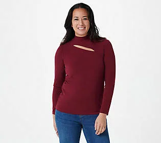 Susan Graver Liquid Knit Mock-Neck Top with Slit Detail, Size Large, Evening Wine