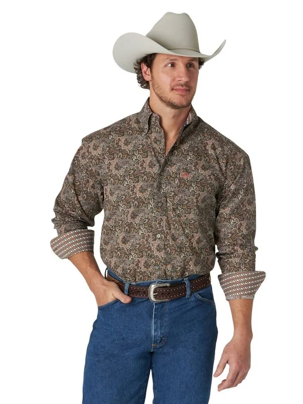 Wrangler Men's L/S Brown Paisley Print George Strait Button Down Shirt