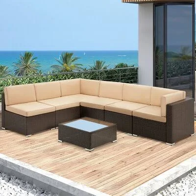 7 Piece Outdoor Sectional Sofa Set with Tea Table and Cushions, Brown Latitude Run